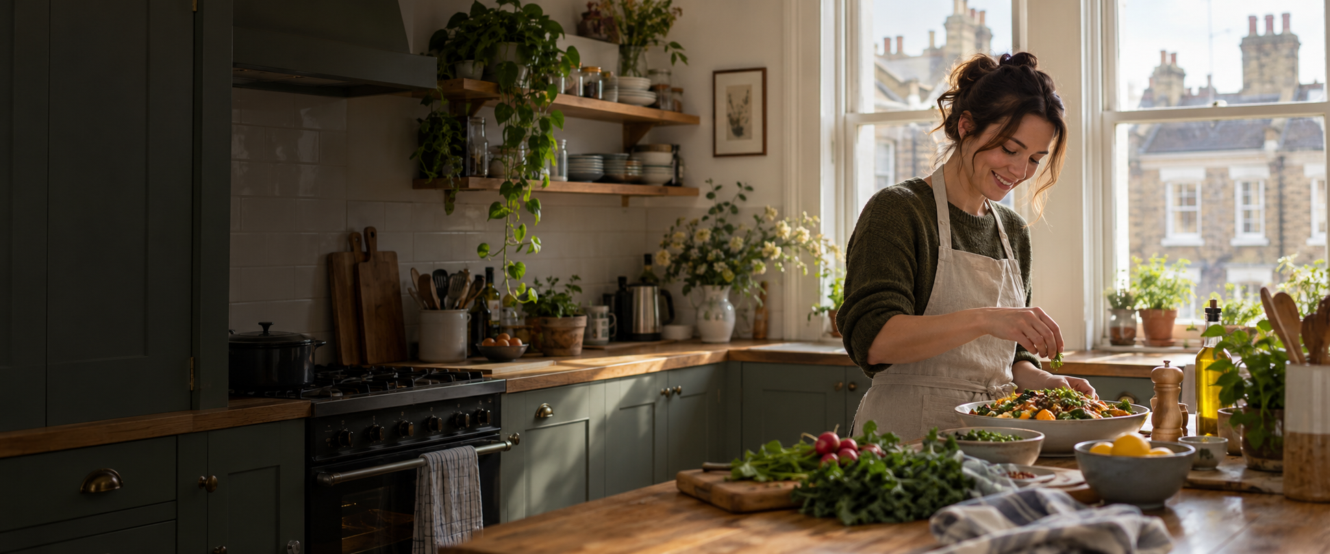 A home cook preparing a meal in a London terraced-house kitchen