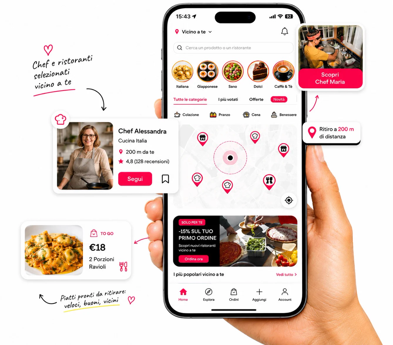 ZeepUp mostra Chef, ristoranti e piatti disponibili vicino a te