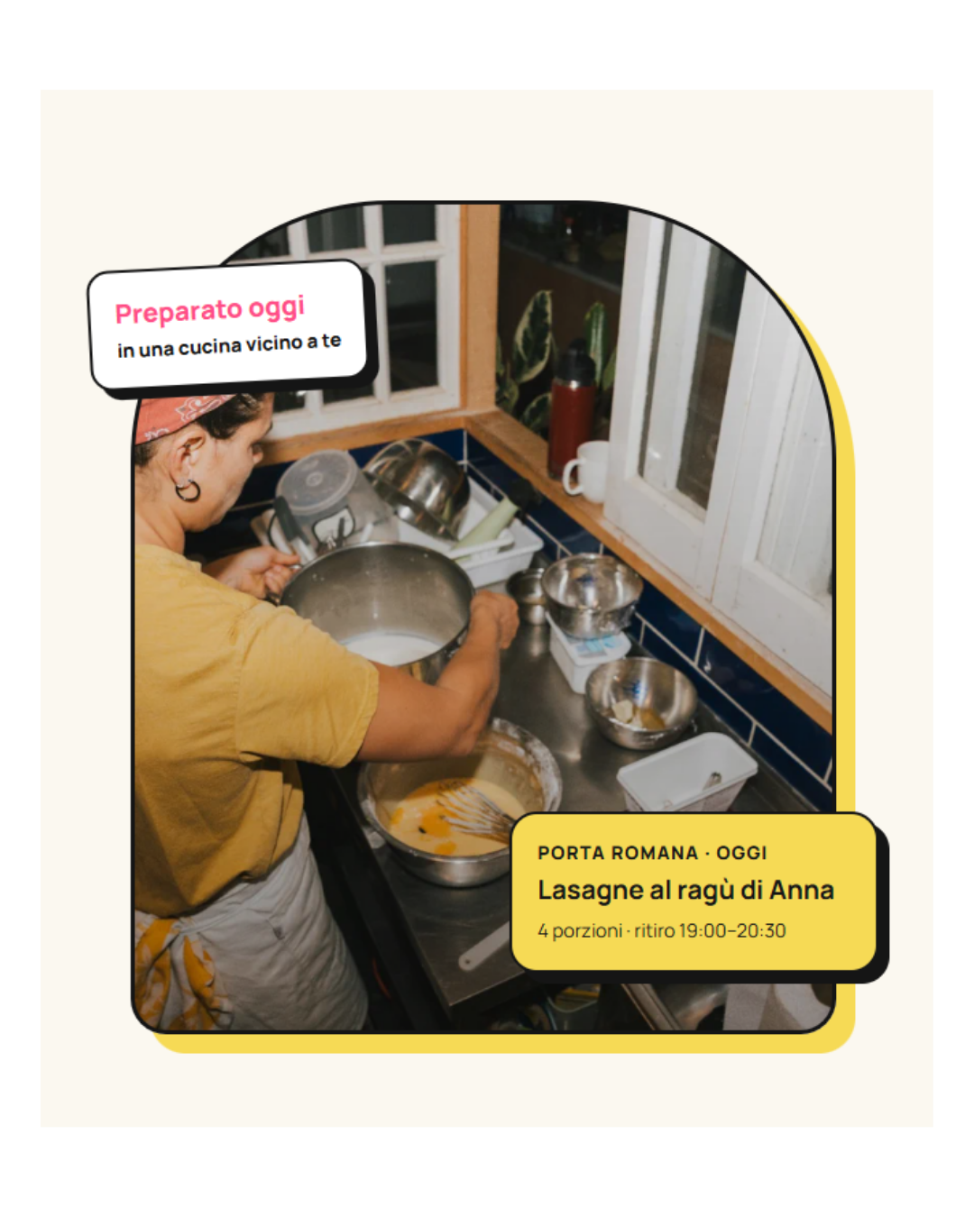 HomeChef nella propria cucina: esempio illustrativo di lasagne preparate in casa, con ritiro nel quartiere.