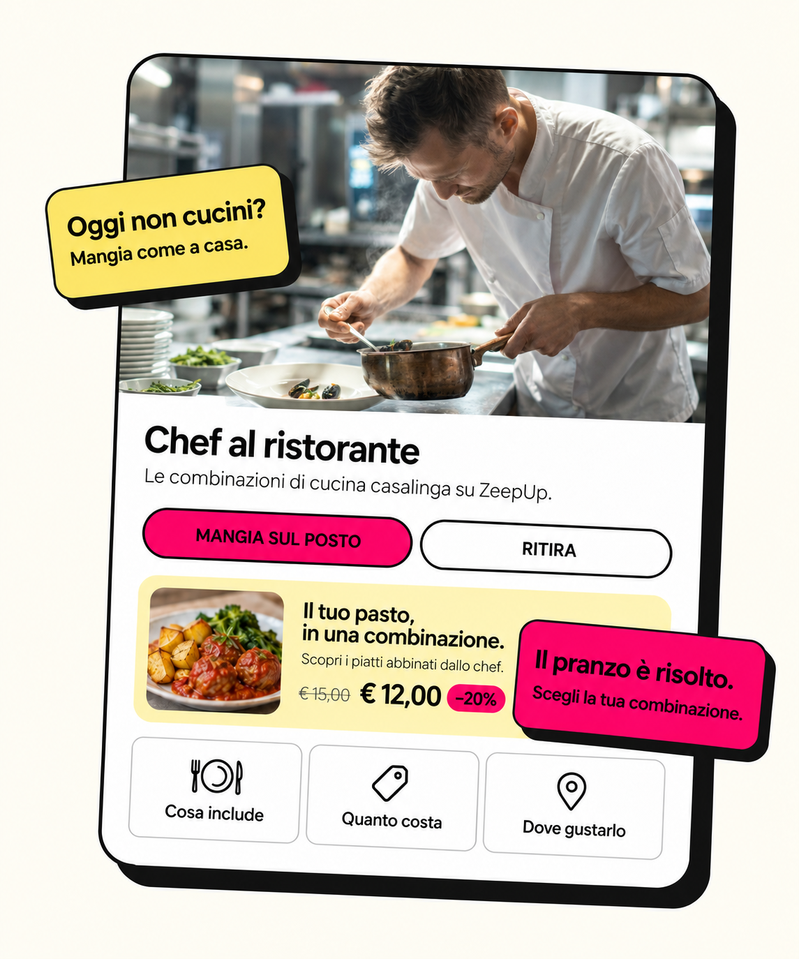 Chef al ristorante: combinazioni di cucina casalinga su ZeepUp, da gustare sul posto o ritirare. Esempio illustrativo di proposta.
