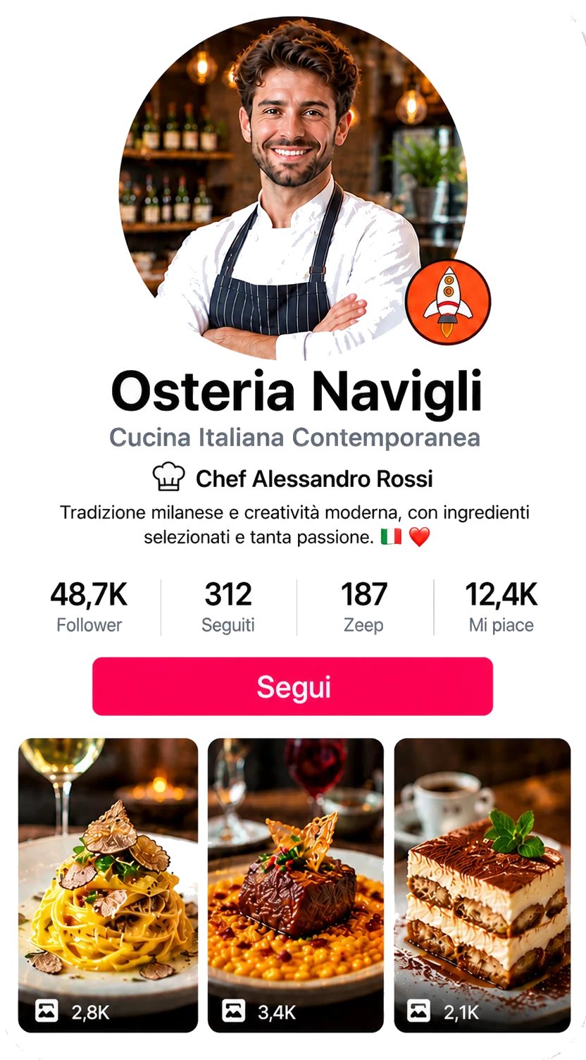 Profilo Osteria Navigli con pulsante Segui e anteprima dei Zeeps