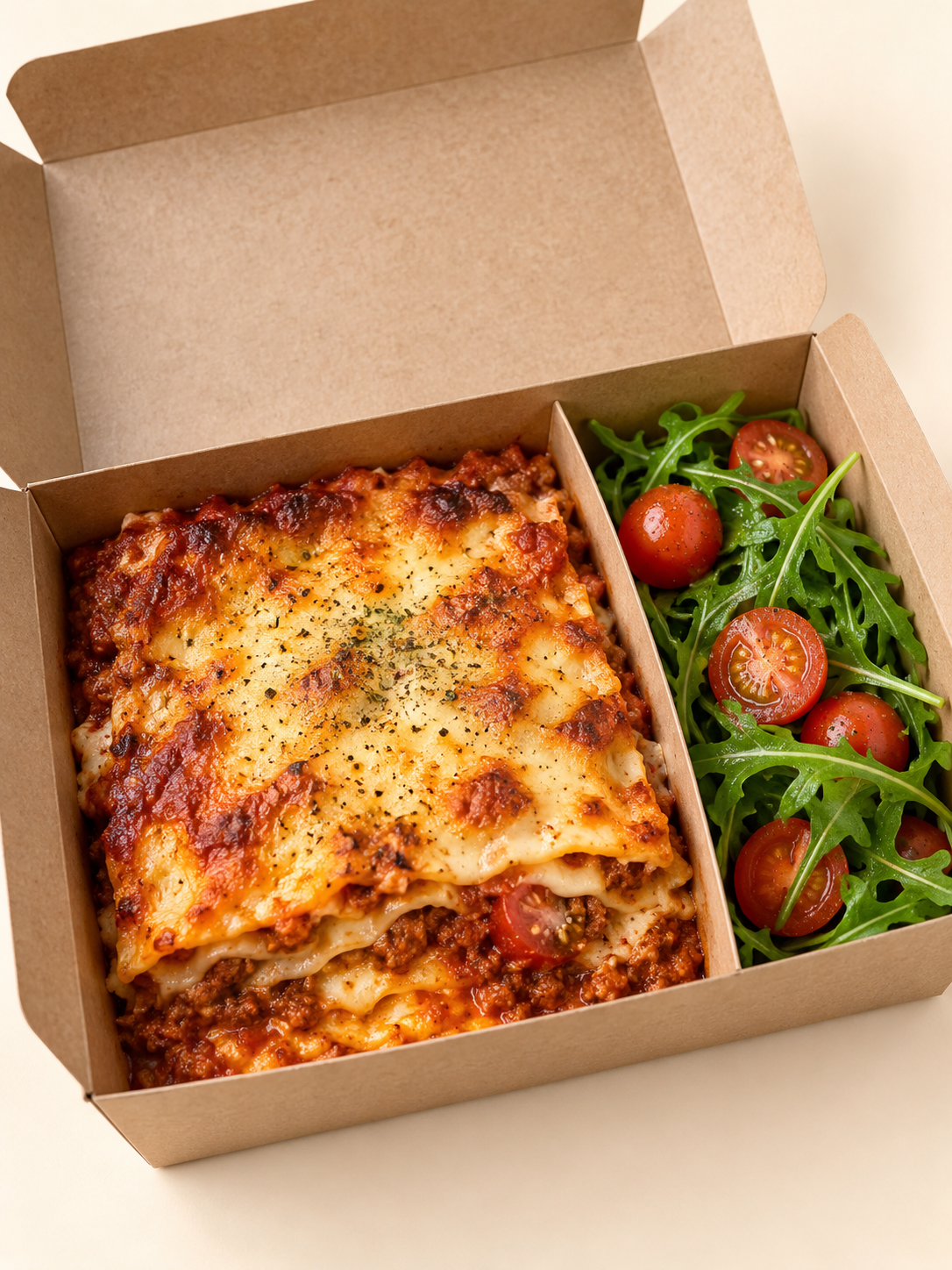 Homemade lasagna and fresh salad in a plain kraft meal box