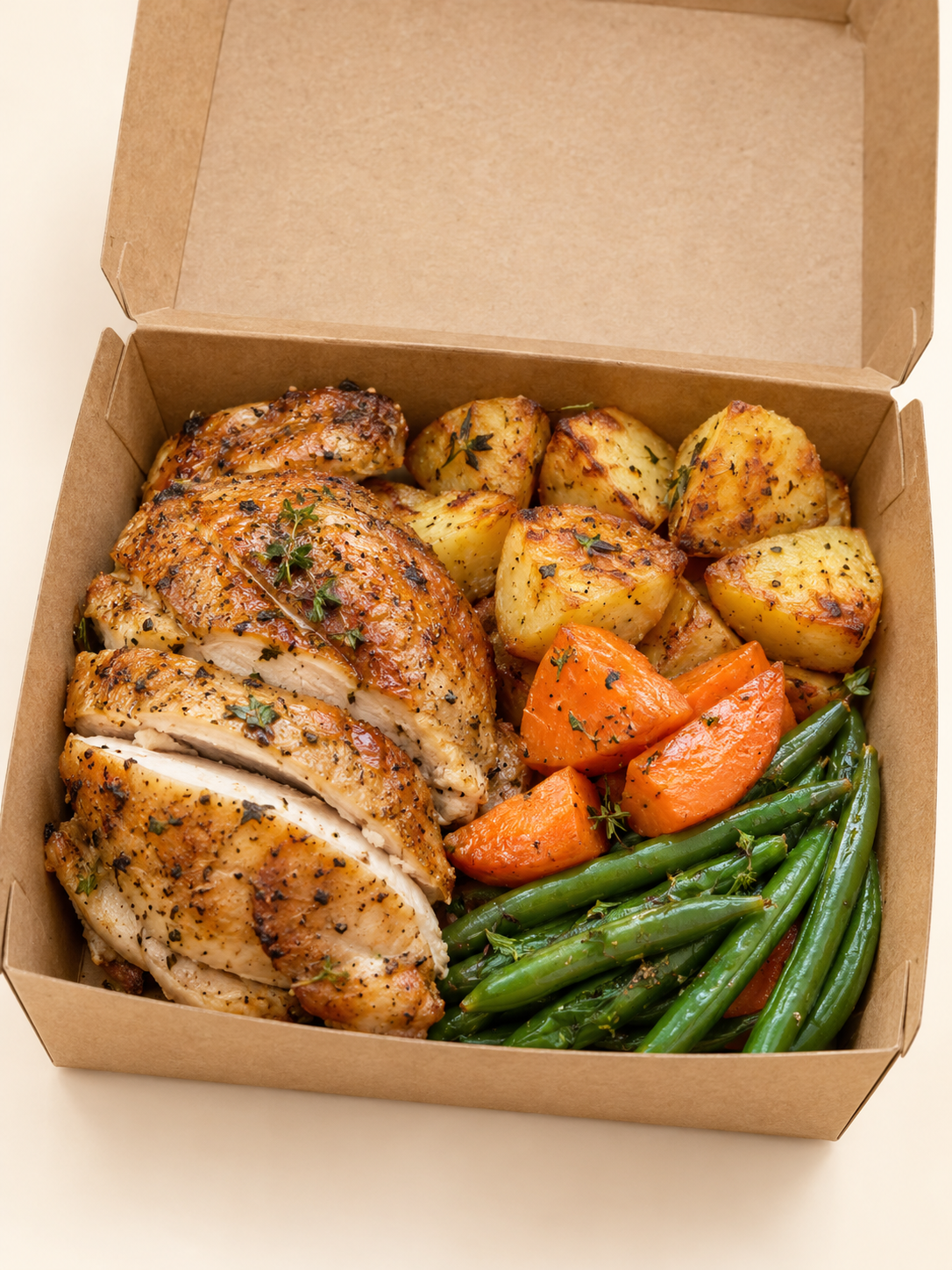 Roast chicken, potatoes and vegetables in a plain kraft meal box